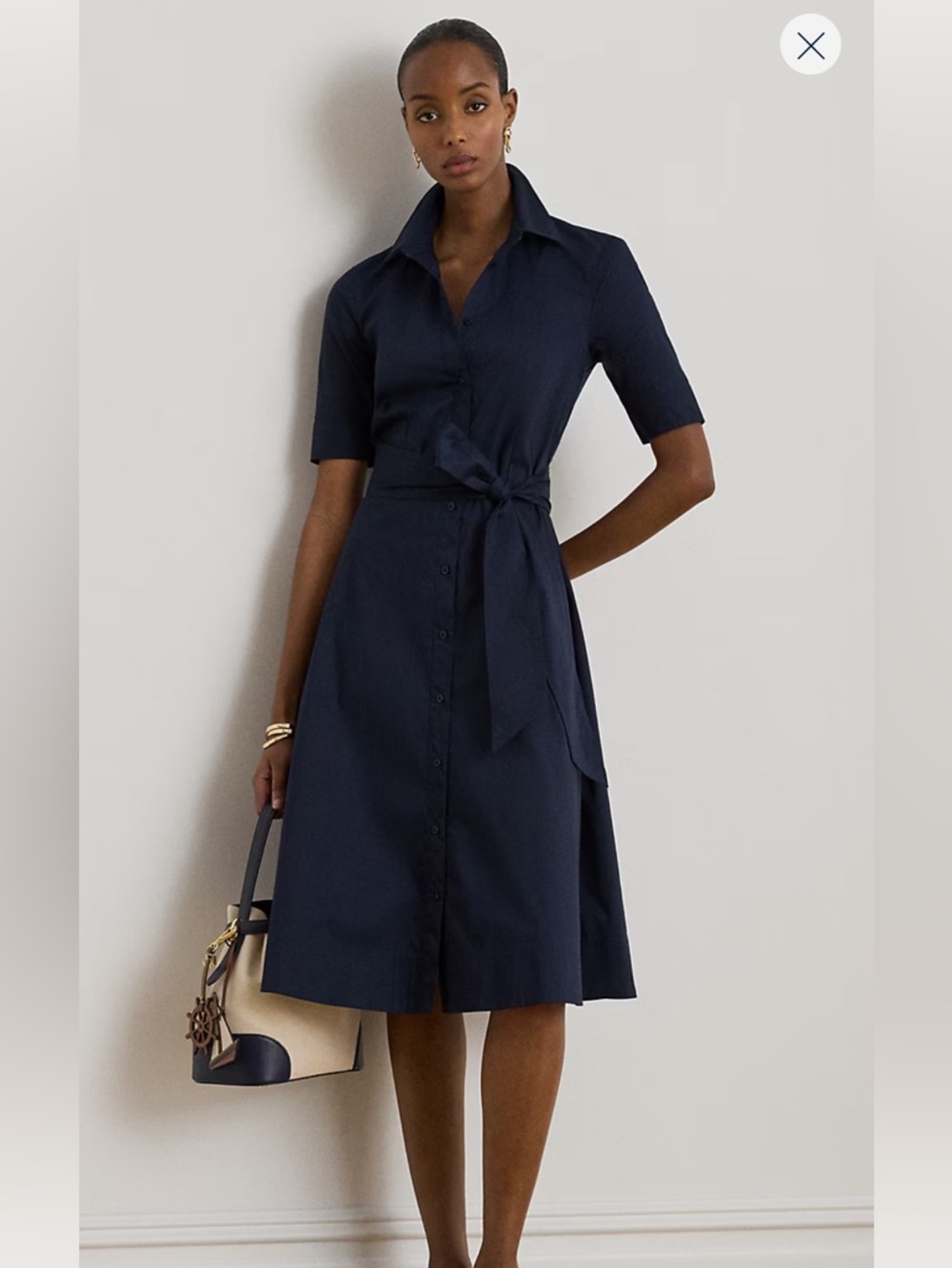 Navy Short-Sleeve Shirt Dress with Waist Tie